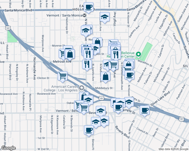 map of restaurants, bars, coffee shops, grocery stores, and more near 4014 Clinton Street in Los Angeles
