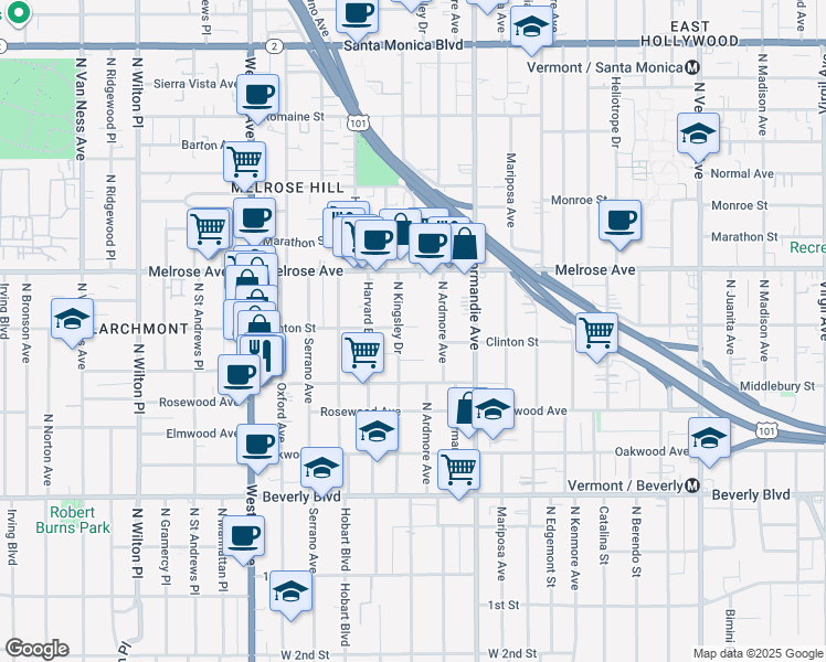 map of restaurants, bars, coffee shops, grocery stores, and more near 555 North Kingsley Drive in Los Angeles