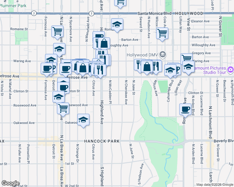 map of restaurants, bars, coffee shops, grocery stores, and more near 543 North Las Palmas Avenue in Los Angeles