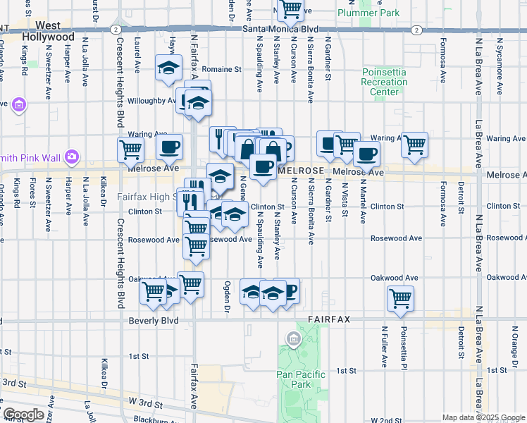 map of restaurants, bars, coffee shops, grocery stores, and more near 545 North Spaulding Avenue in Los Angeles