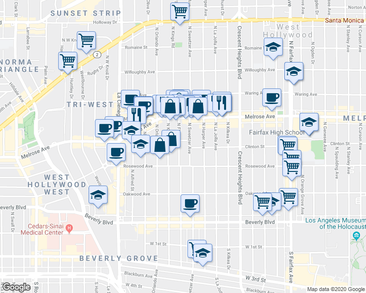 map of restaurants, bars, coffee shops, grocery stores, and more near 546 North Flores Street in West Hollywood