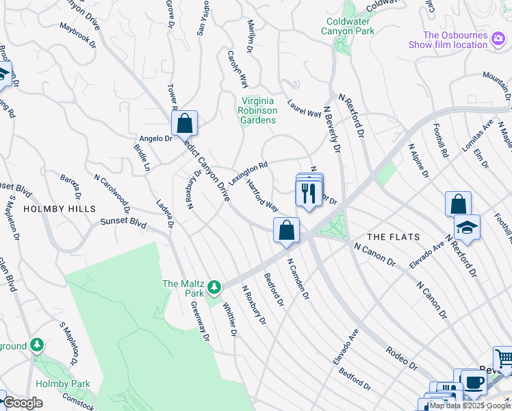 map of restaurants, bars, coffee shops, grocery stores, and more near 915 Hartford Way in Beverly Hills