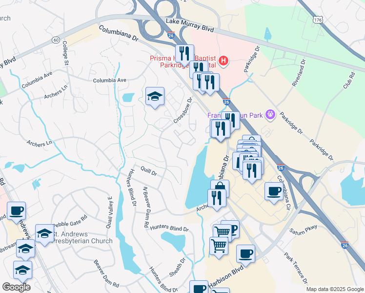 map of restaurants, bars, coffee shops, grocery stores, and more near 250 Crossbow Drive in Columbia