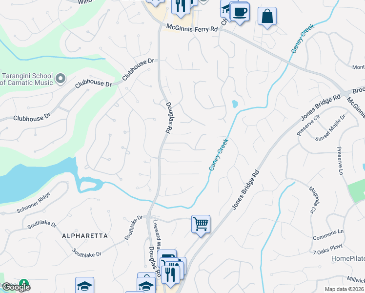 map of restaurants, bars, coffee shops, grocery stores, and more near 5355 Derby Chase Court in Alpharetta