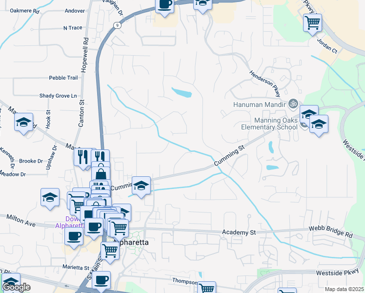 map of restaurants, bars, coffee shops, grocery stores, and more near 204 Cold Creek Drive in Alpharetta