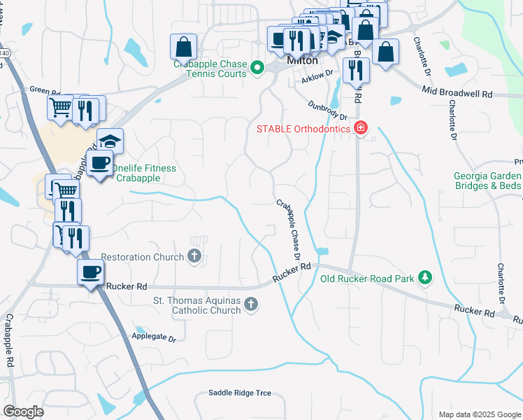 map of restaurants, bars, coffee shops, grocery stores, and more near 330 Hughes Branch Close in Alpharetta