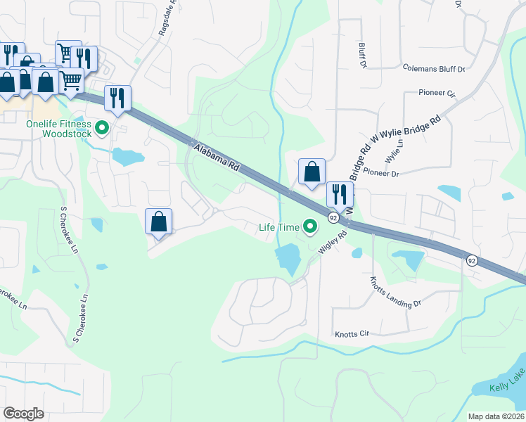 map of restaurants, bars, coffee shops, grocery stores, and more near 455 Mountain View Lane in Woodstock