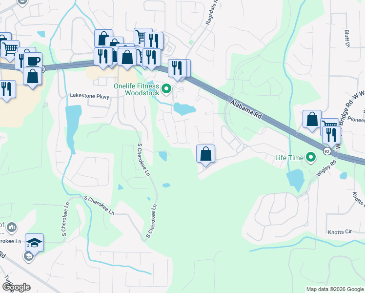 map of restaurants, bars, coffee shops, grocery stores, and more near 306 Lauren Lane in Woodstock