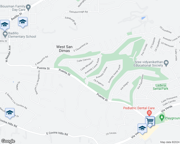 map of restaurants, bars, coffee shops, grocery stores, and more near 1626 Avenida Loma Vista in San Dimas