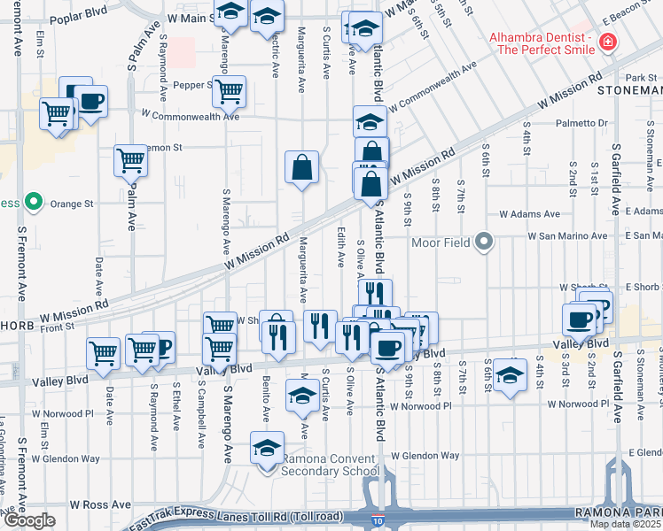 map of restaurants, bars, coffee shops, grocery stores, and more near 917 Edith Avenue in Alhambra