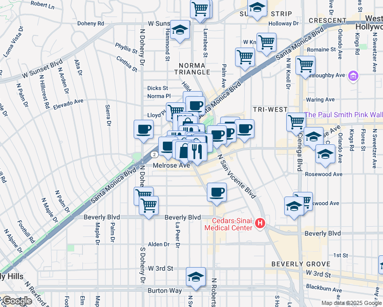 map of restaurants, bars, coffee shops, grocery stores, and more near 627 North Robertson Boulevard in West Hollywood
