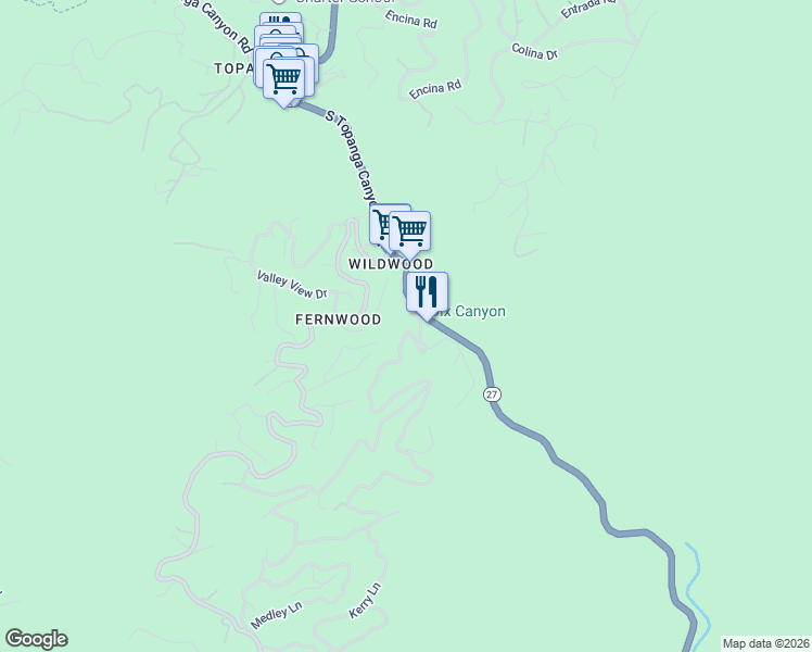 map of restaurants, bars, coffee shops, grocery stores, and more near 19477 Grand View Drive in Los Angeles County