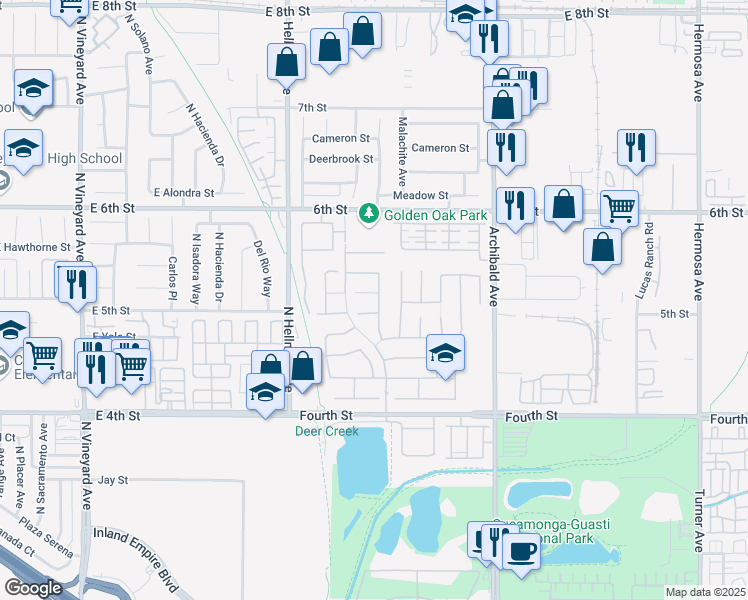 map of restaurants, bars, coffee shops, grocery stores, and more near 9473 Hearthside Court in Rancho Cucamonga