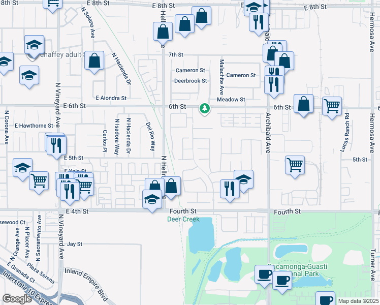 map of restaurants, bars, coffee shops, grocery stores, and more near 9397 Morning Breeze Drive in Rancho Cucamonga