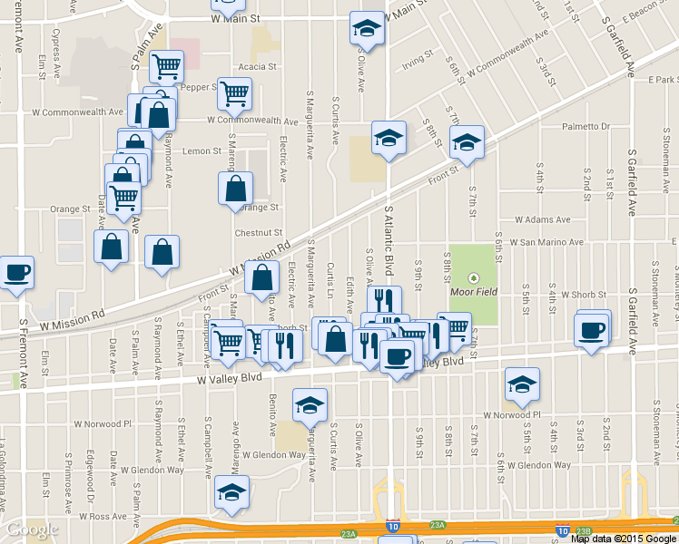 map of restaurants, bars, coffee shops, grocery stores, and more near 917 Edith Avenue in Alhambra