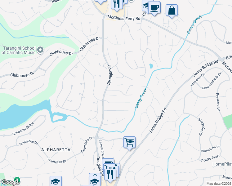 map of restaurants, bars, coffee shops, grocery stores, and more near 5355 Derby Chase Court in Alpharetta