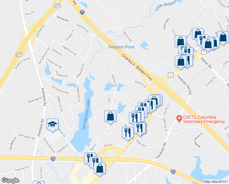 map of restaurants, bars, coffee shops, grocery stores, and more near 124 Spring Woods Lake Drive in Columbia