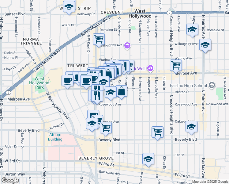map of restaurants, bars, coffee shops, grocery stores, and more near 550 Croft Avenue in West Hollywood