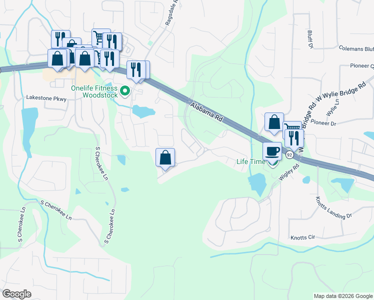 map of restaurants, bars, coffee shops, grocery stores, and more near 346 Glens Way in Woodstock