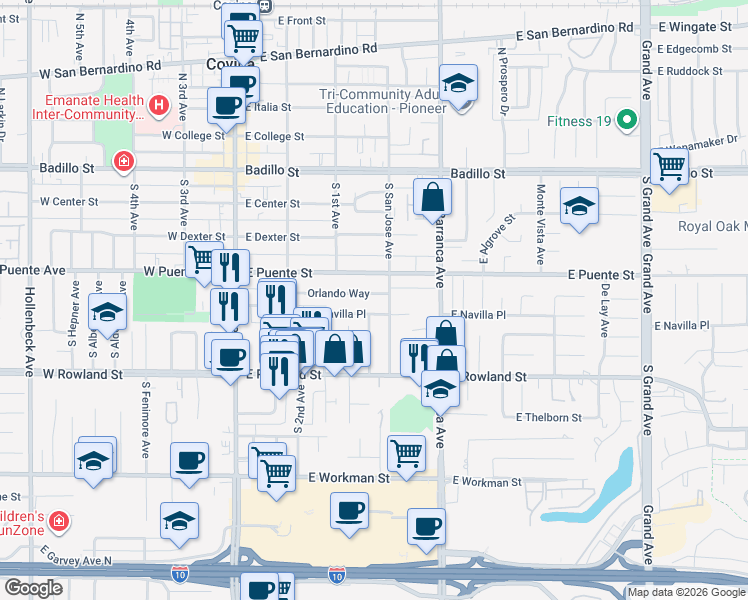 map of restaurants, bars, coffee shops, grocery stores, and more near 360 Orlando Way in Covina