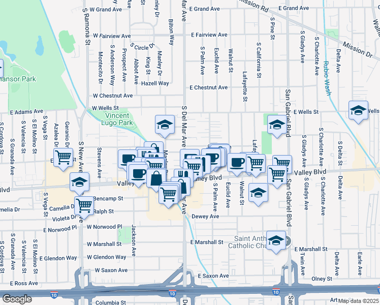 map of restaurants, bars, coffee shops, grocery stores, and more near 1510 Del Mar Avenue in San Gabriel