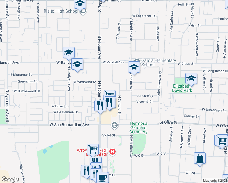 map of restaurants, bars, coffee shops, grocery stores, and more near 1524 West Poema Drive in Colton