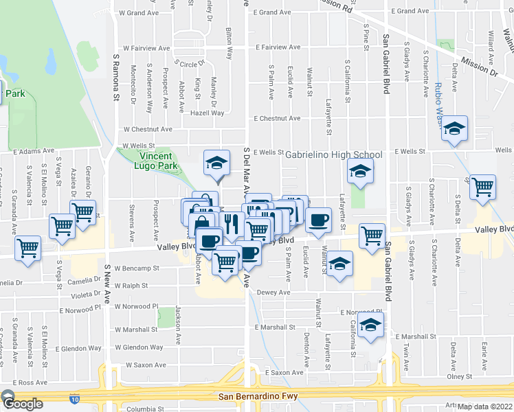 map of restaurants, bars, coffee shops, grocery stores, and more near 1510 South Del Mar Avenue in San Gabriel