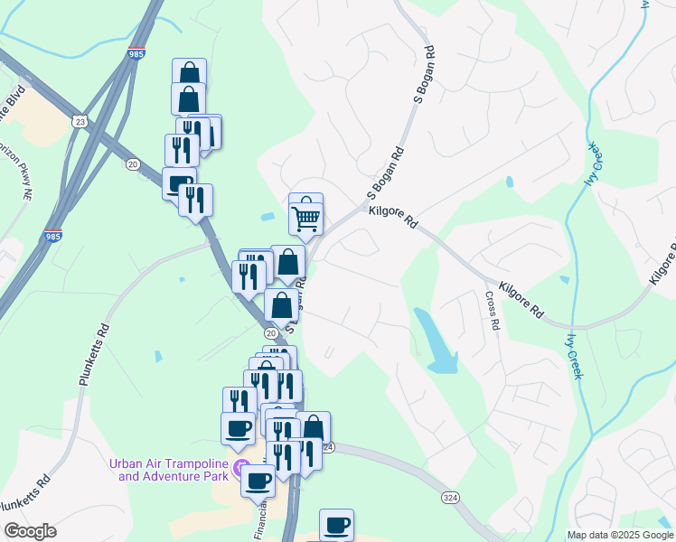 map of restaurants, bars, coffee shops, grocery stores, and more near 3556 Harvest Ridge Lane Northeast in Buford