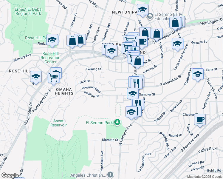 map of restaurants, bars, coffee shops, grocery stores, and more near 4725 Butterfly Lane in Los Angeles
