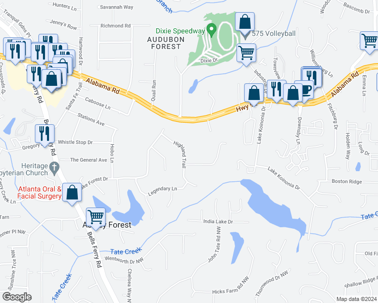 map of restaurants, bars, coffee shops, grocery stores, and more near 5202 Highland Trail in Acworth