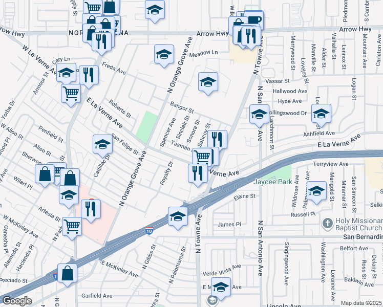 map of restaurants, bars, coffee shops, grocery stores, and more near 502 Tasman Avenue in Pomona