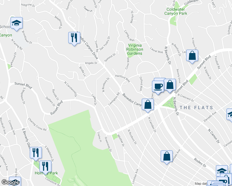 map of restaurants, bars, coffee shops, grocery stores, and more near 1805 Lexington Road in Beverly Hills