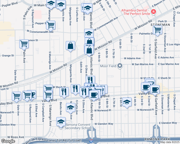 map of restaurants, bars, coffee shops, grocery stores, and more near 929 South Atlantic Boulevard in Alhambra