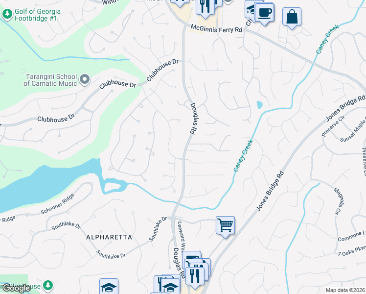 map of restaurants, bars, coffee shops, grocery stores, and more near 12290 Douglas Road in Alpharetta