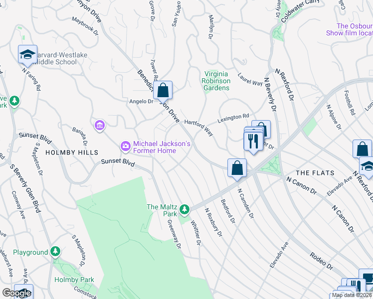 map of restaurants, bars, coffee shops, grocery stores, and more near 1805 Lexington Road in Beverly Hills