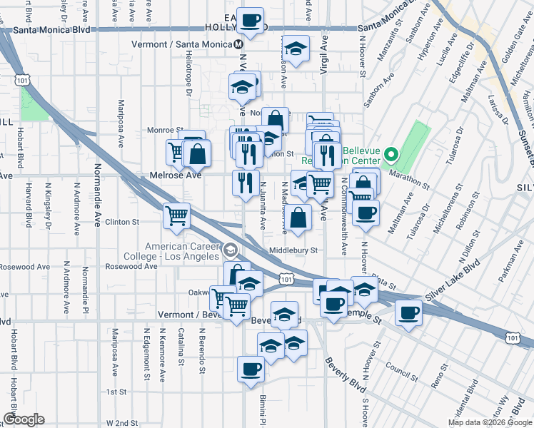 map of restaurants, bars, coffee shops, grocery stores, and more near 4014 Clinton Street in Los Angeles