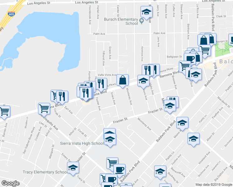 map of restaurants, bars, coffee shops, grocery stores, and more near 13508 Ramona Boulevard in Baldwin Park