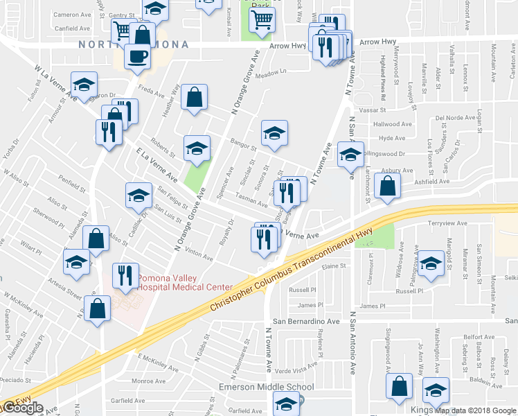 map of restaurants, bars, coffee shops, grocery stores, and more near 502 Tasman Avenue in Pomona