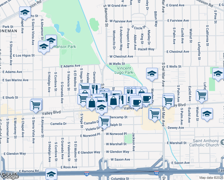 map of restaurants, bars, coffee shops, grocery stores, and more near 1509 Stevens Avenue in San Gabriel