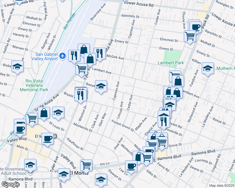 map of restaurants, bars, coffee shops, grocery stores, and more near 4147 Cypress Avenue in El Monte