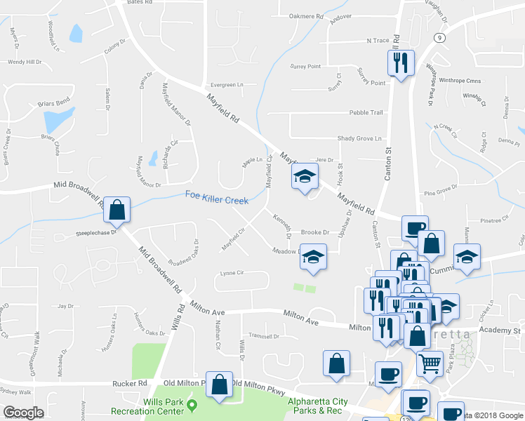 map of restaurants, bars, coffee shops, grocery stores, and more near 181 Mayfield Circle in Alpharetta