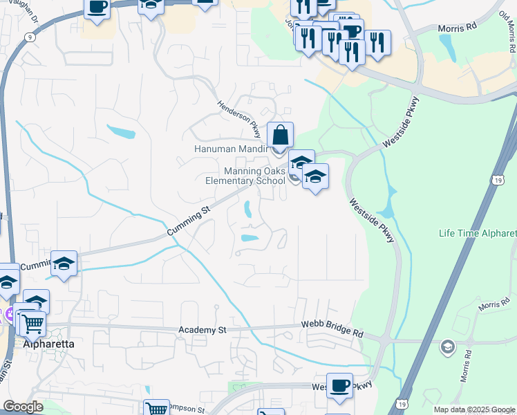 map of restaurants, bars, coffee shops, grocery stores, and more near 6001 Lake Union Hill Way in Alpharetta