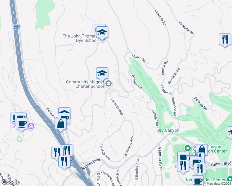 map of restaurants, bars, coffee shops, grocery stores, and more near 11224 Bellagio Road in Los Angeles