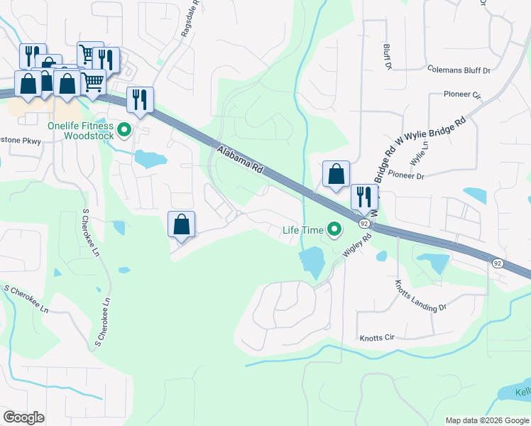 map of restaurants, bars, coffee shops, grocery stores, and more near 410 Mountain View Lane in Woodstock