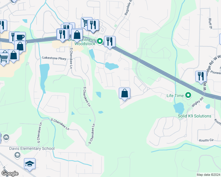 map of restaurants, bars, coffee shops, grocery stores, and more near 306 Lauren Lane in Woodstock