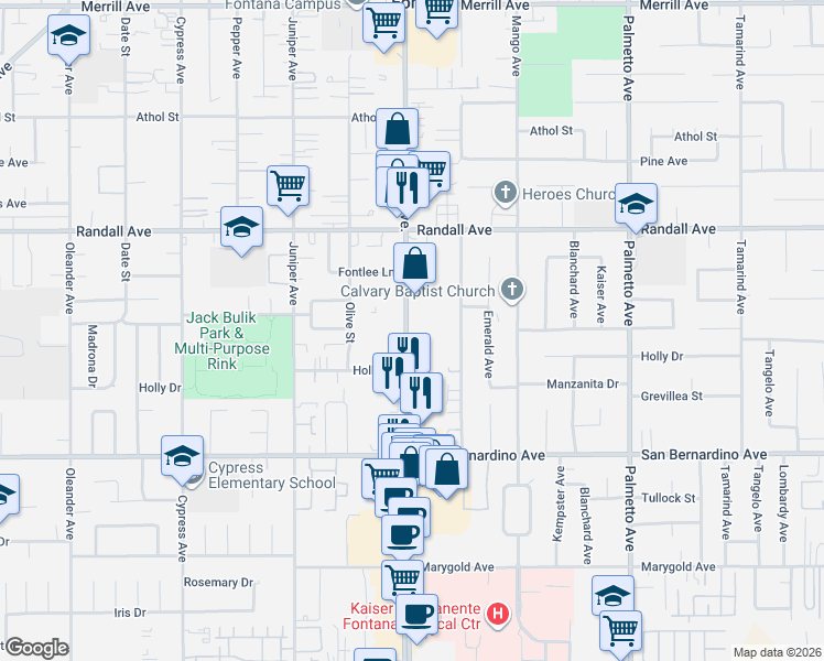 map of restaurants, bars, coffee shops, grocery stores, and more near 9481 Sierra Avenue in Fontana