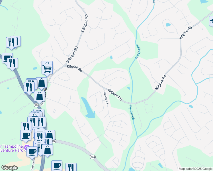 map of restaurants, bars, coffee shops, grocery stores, and more near 3446 Big Leaf Court in Buford