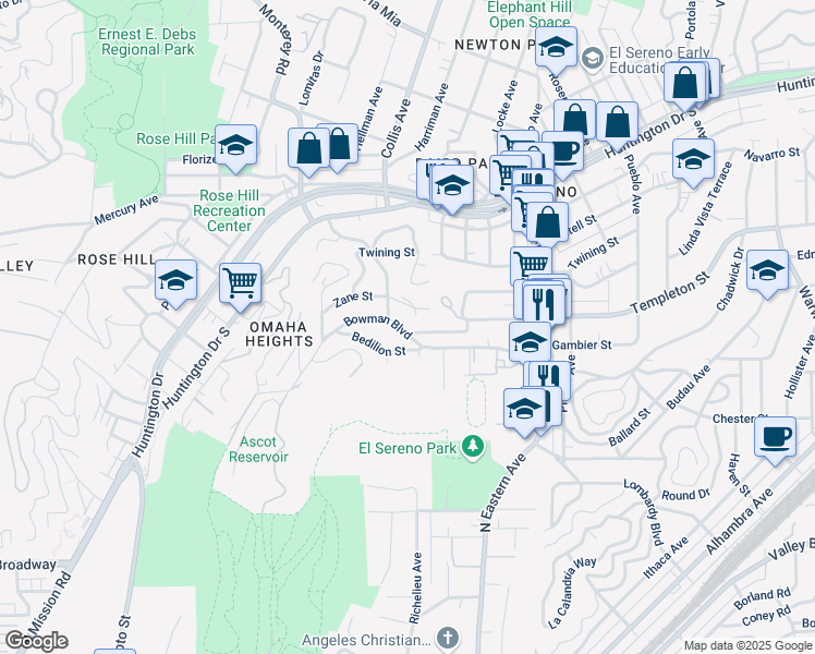 map of restaurants, bars, coffee shops, grocery stores, and more near 4623 Bowman Boulevard in Los Angeles