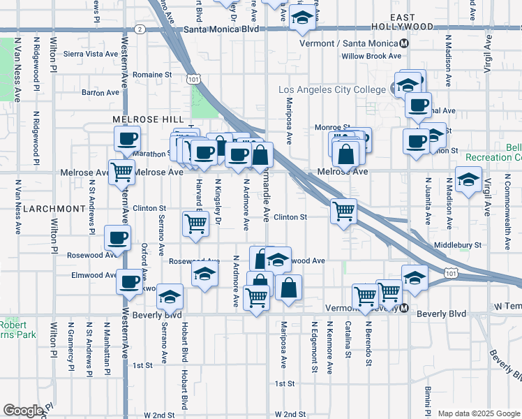 map of restaurants, bars, coffee shops, grocery stores, and more near 555 Clinton Street in Los Angeles