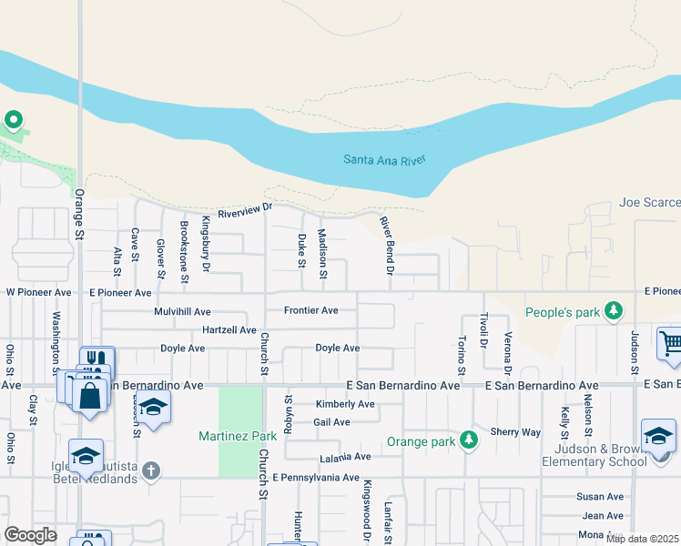 map of restaurants, bars, coffee shops, grocery stores, and more near 1817 Austin Way in Redlands